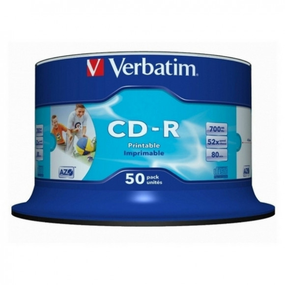CD-R Printable 50*Cake, Verbatim, 700MB, 52x, AZO, Printable NO ID Brand, 43438, Retail Pack
