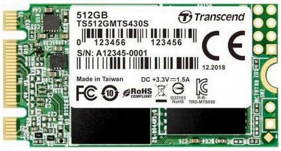 .M.2 SATA SSD 512GB Transcend TS512GMTS430S [42mm, R/W:560/500MB/s, 80K/88K IOPS, SM2258, 3DTLC]