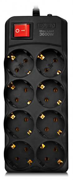 Surge Protector 8 Sockets, 1.8m, Sven SF-08-16, Black, flame-retardant material